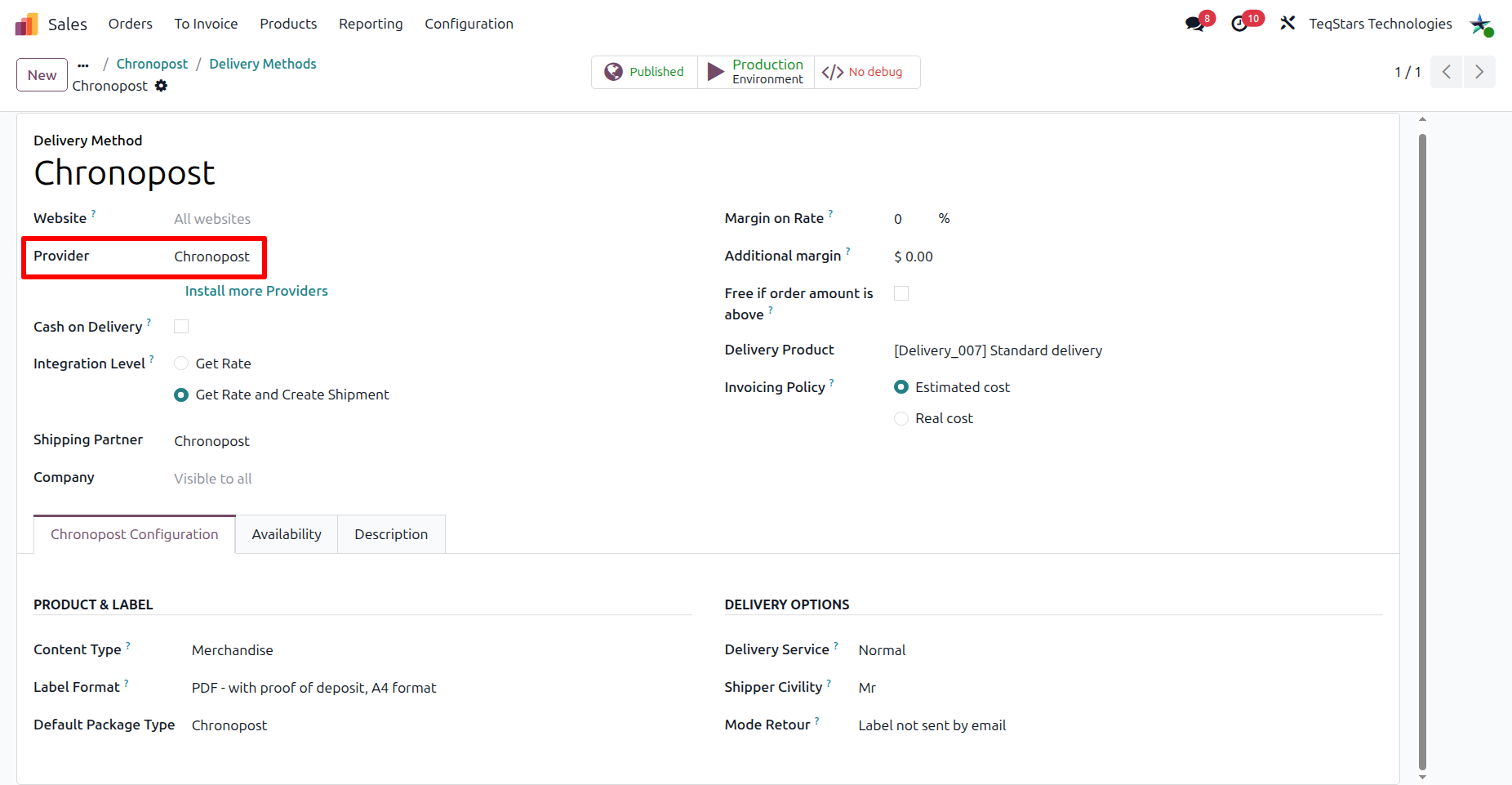 Configuring the Chronopost Delivery Method.