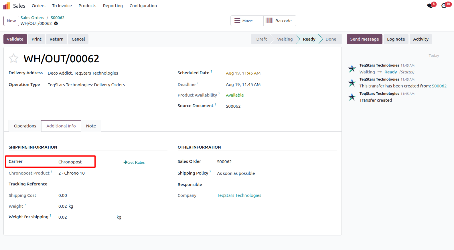 Delivery Order Configuration with Chronopost carrier selected.