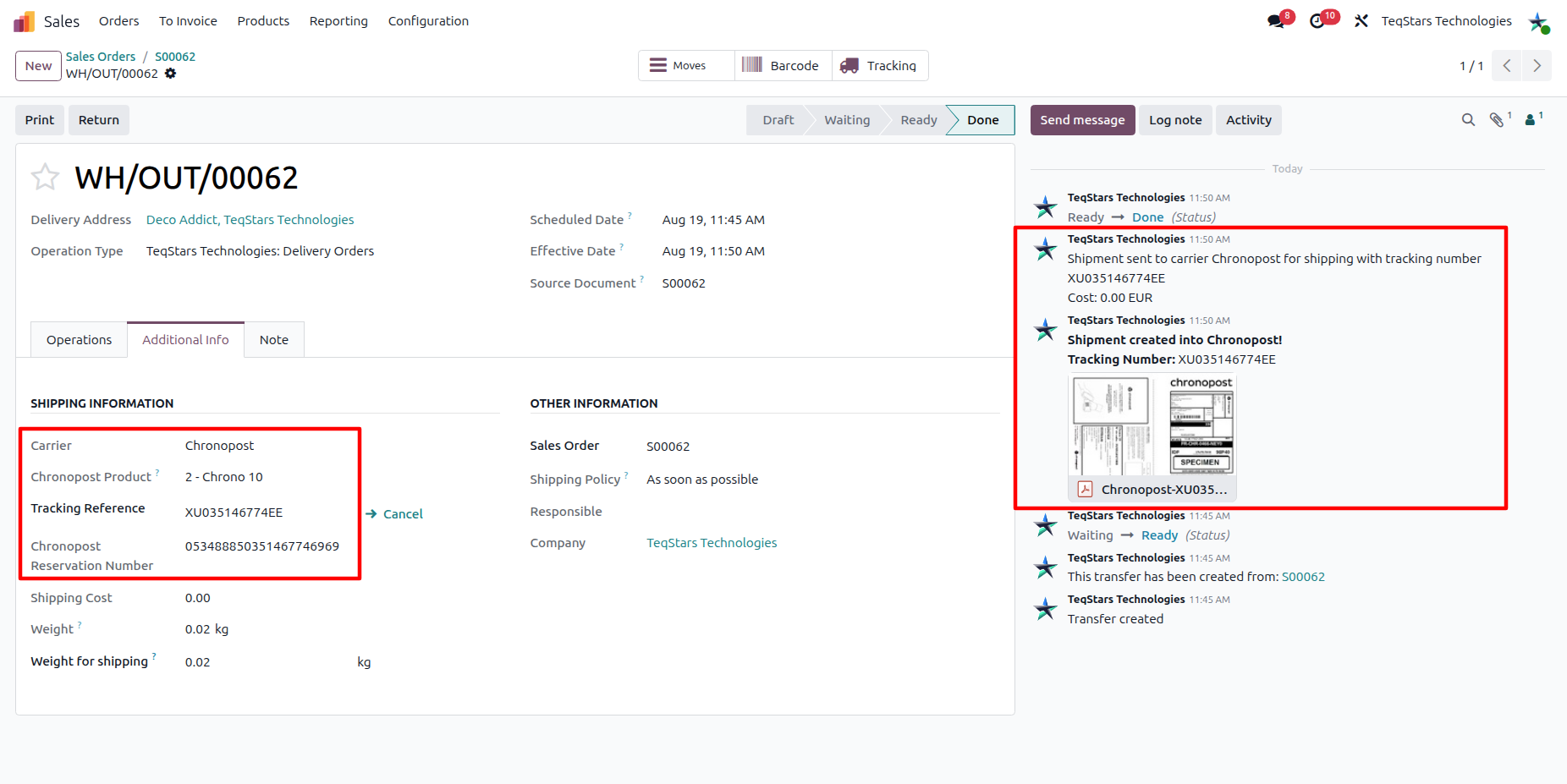 Tracking number and shipping label in delivery order chatter.