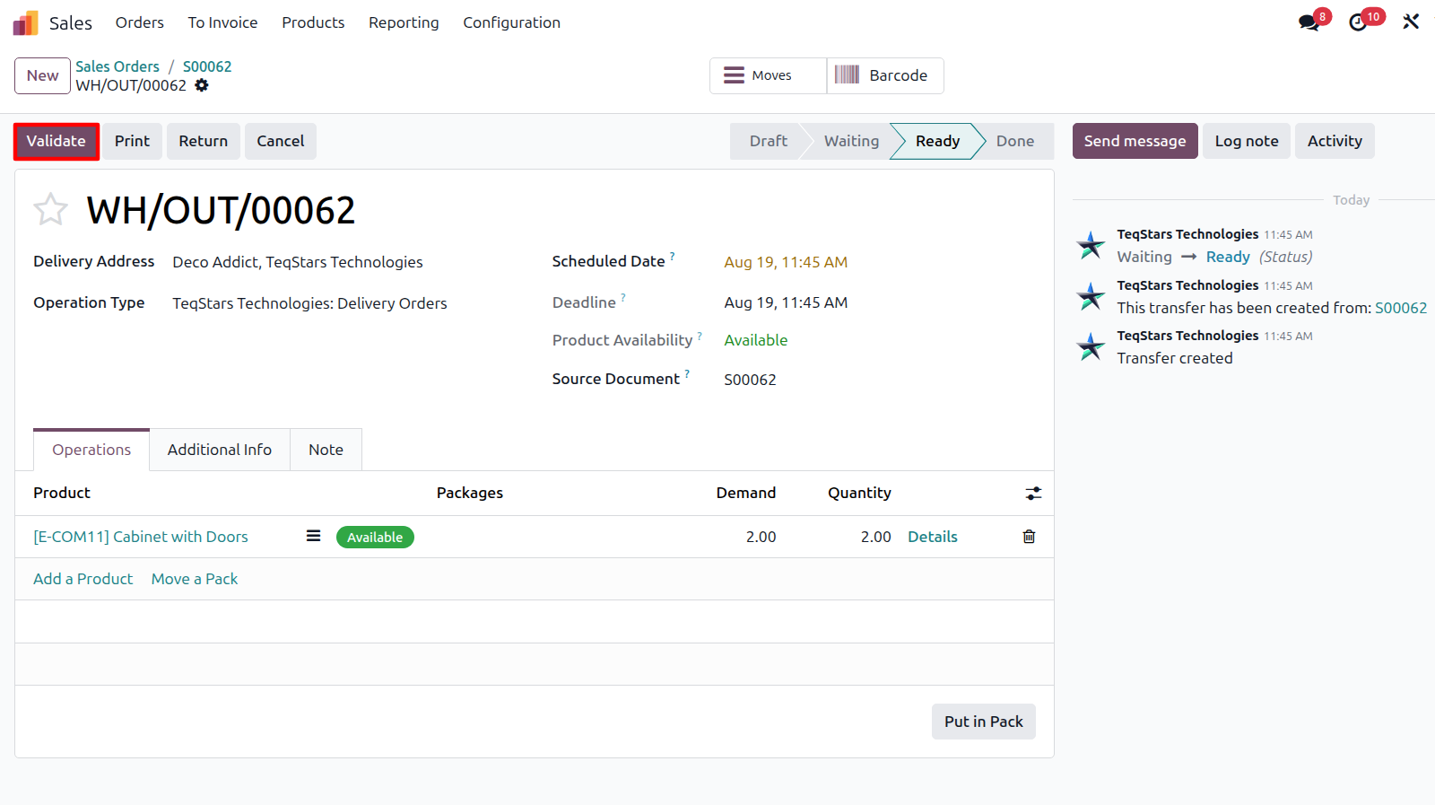 Validate the delivery order to create the Chronopost shipment.