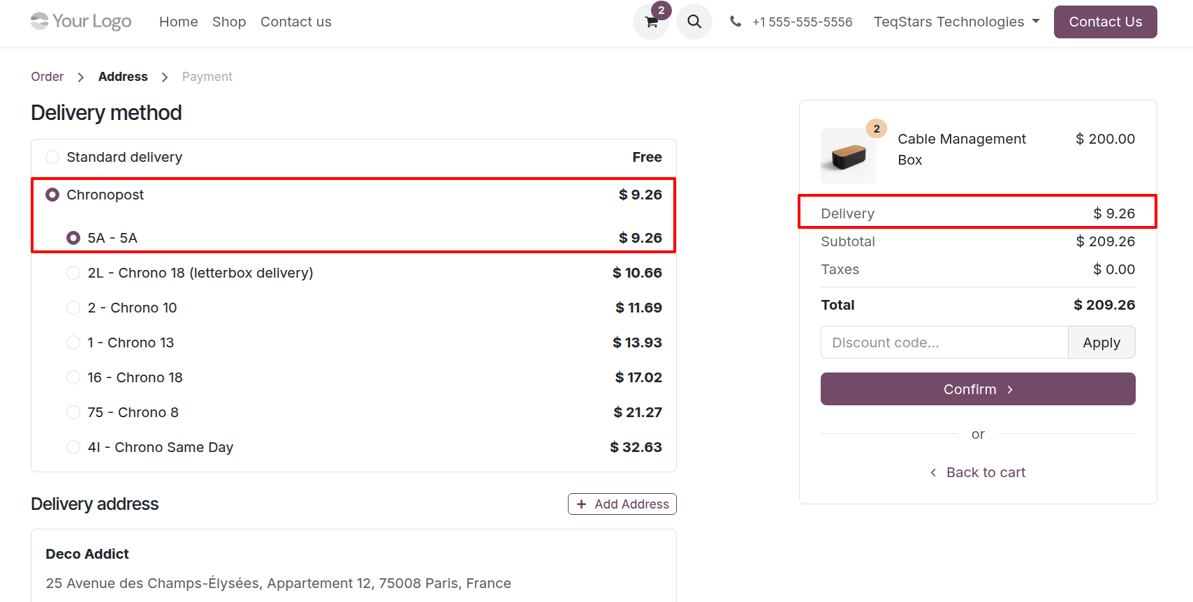 Website Order Using Chronopost Delivery Method.