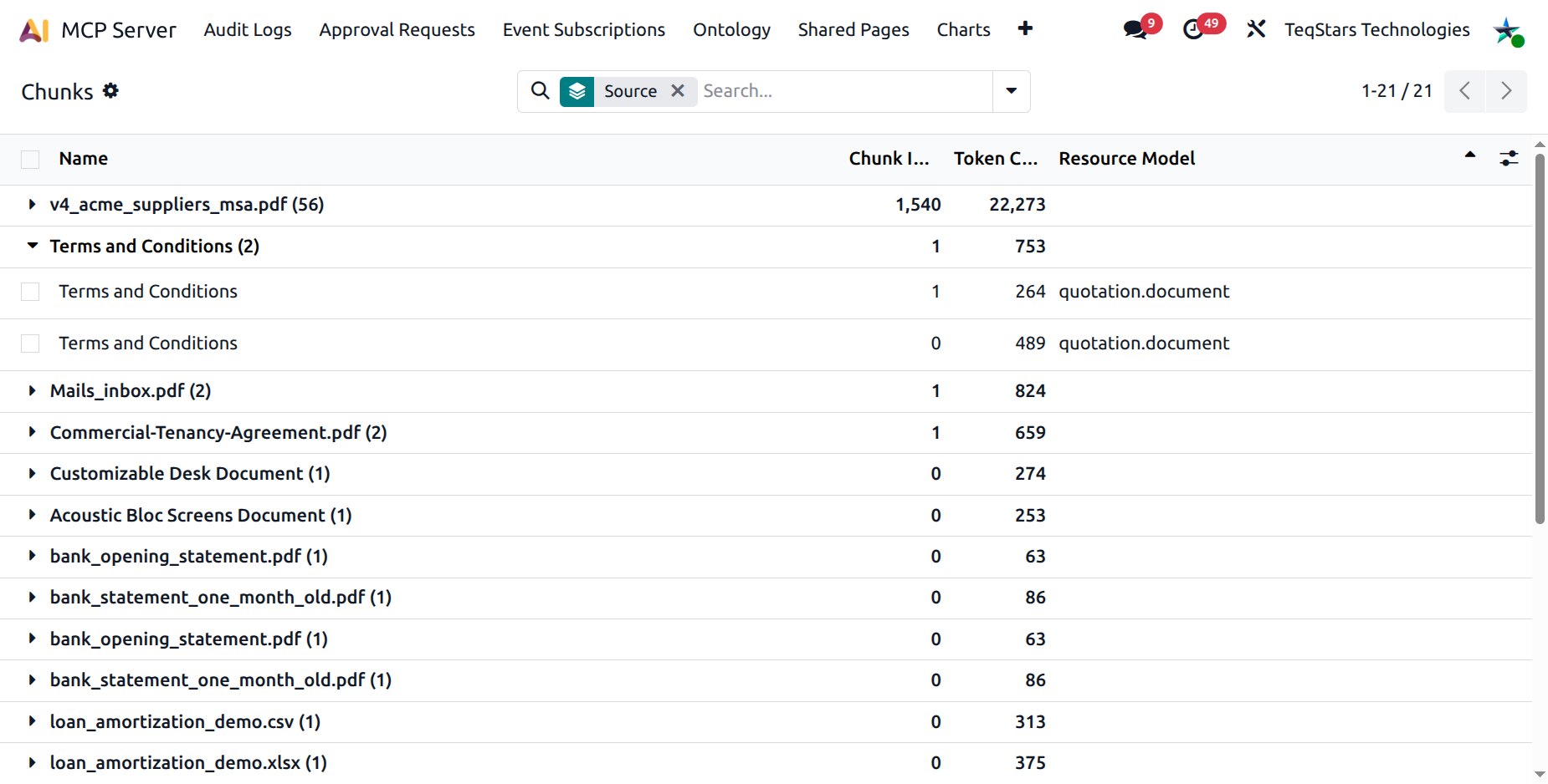 Chunks list grouped by source showing one source folded open with three chunks visible