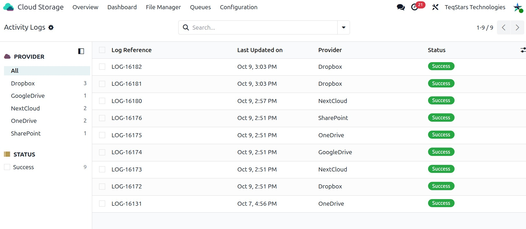 The activity log list with log reference, provider, status and dates