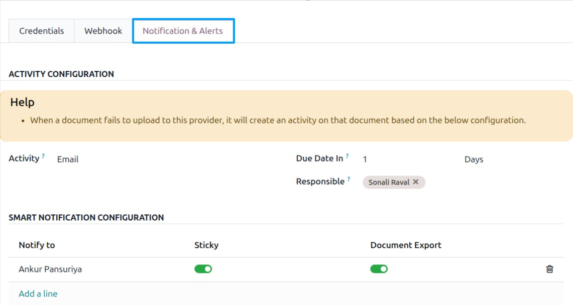 The Cloud Notification lines on the provider form with Notify to, Sticky and Document Export