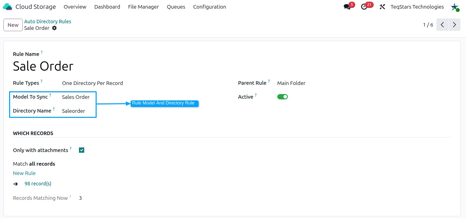A new auto directory rule form with Rule Name, Priority, Rule Types, Model To Sync and Directory Name filled in