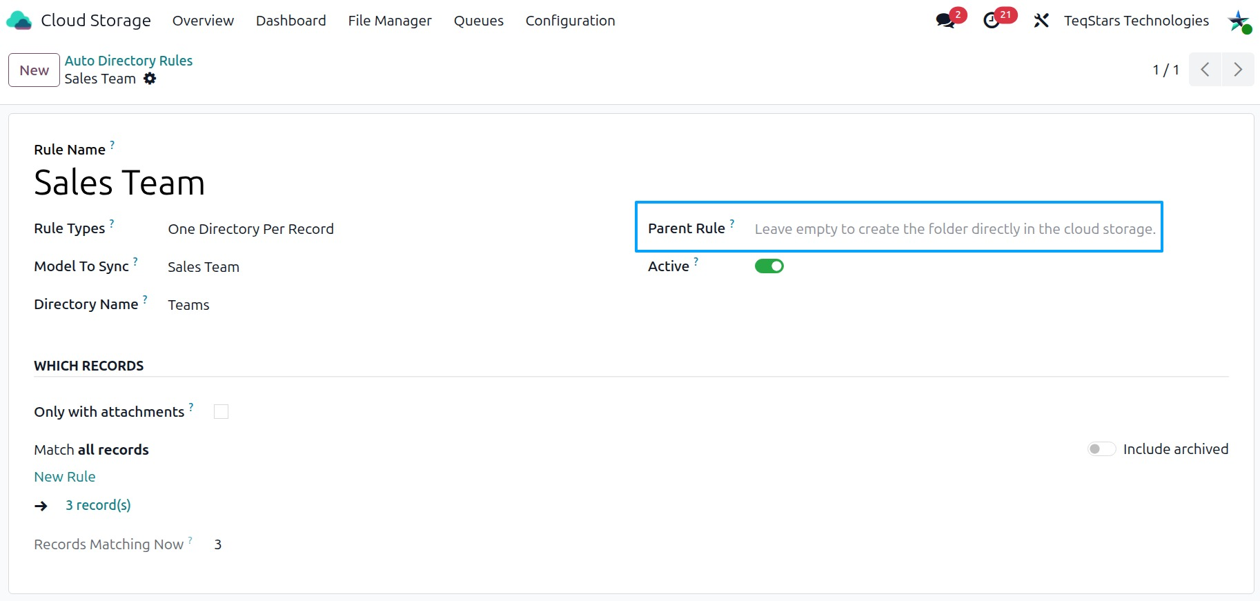 A rule form with Parent Rule and Parent Model Field filled in