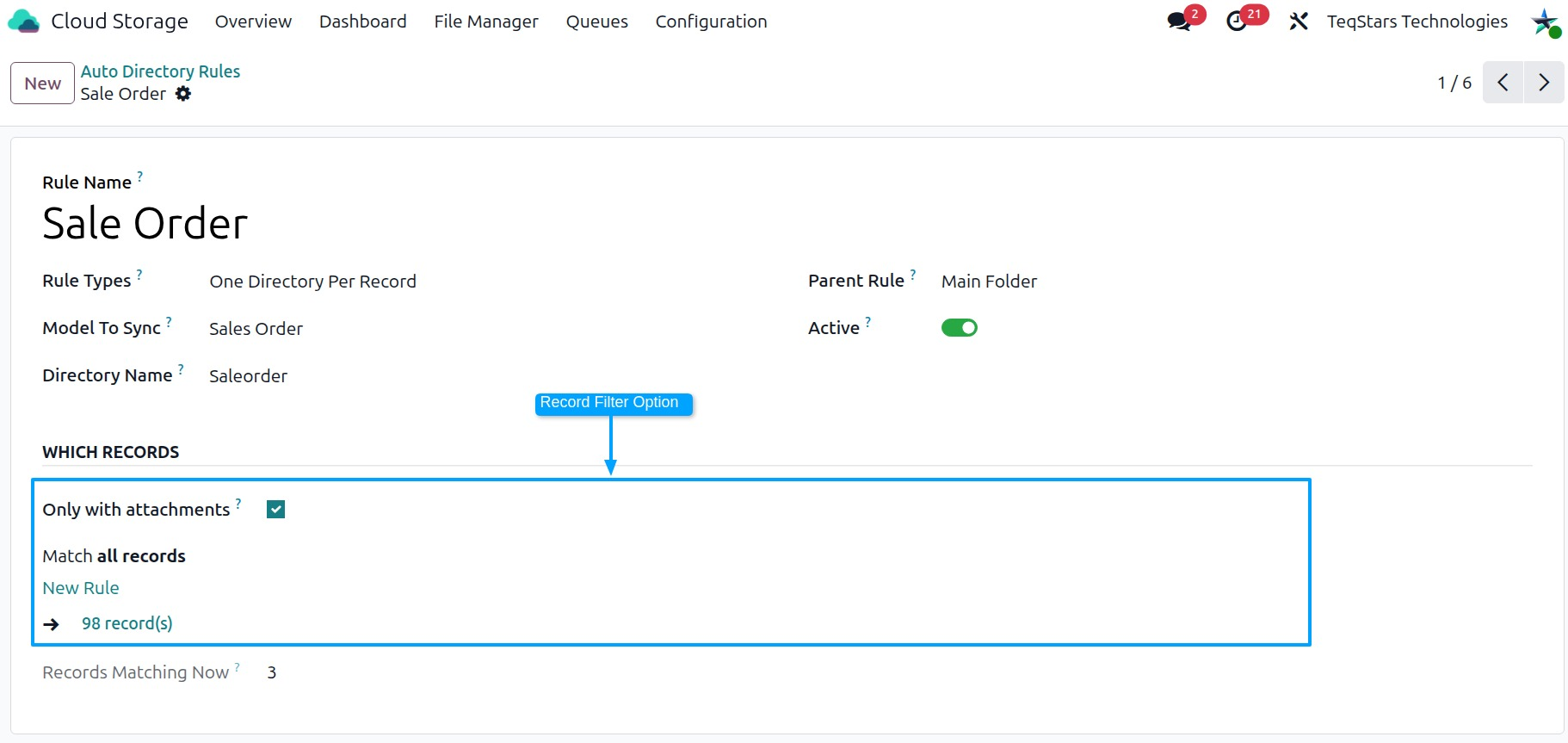 The record filter area of a rule with Only with attachments, Only These Records and Records Matching Now