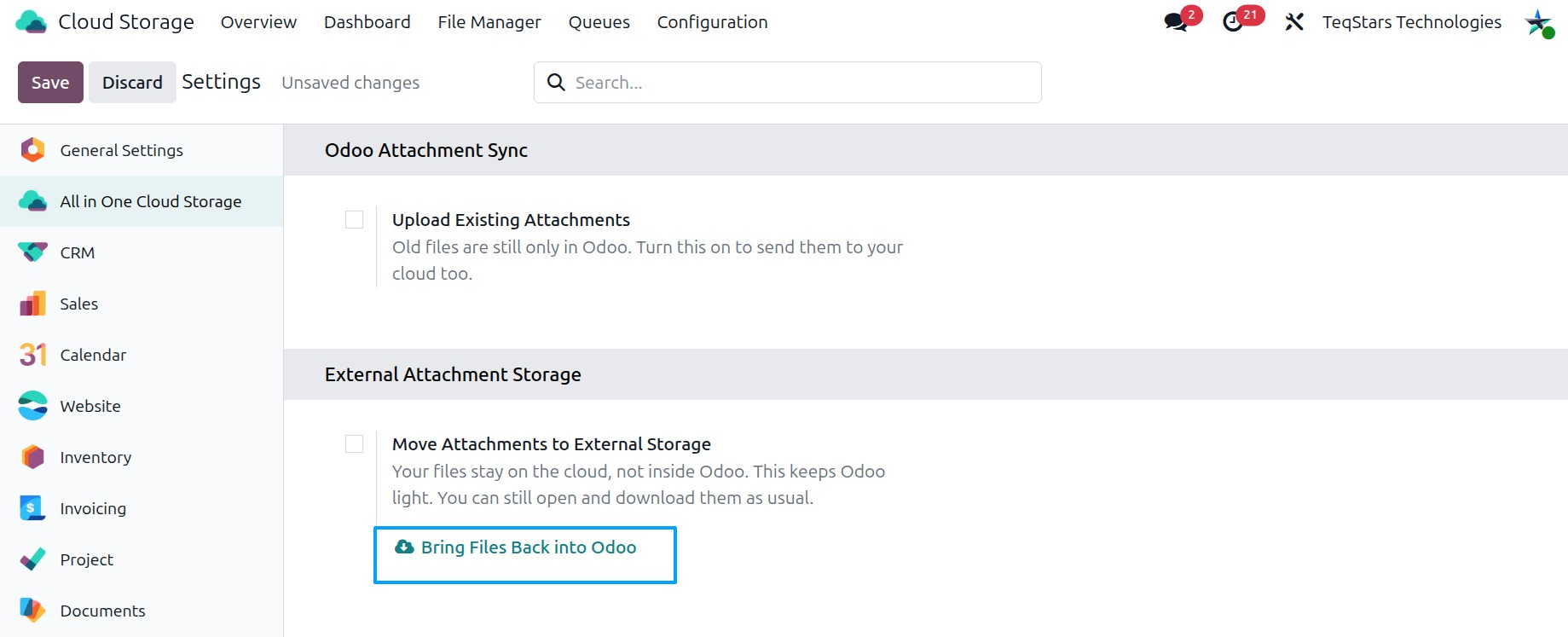 Settings page with the Bring Files Back into Odoo button