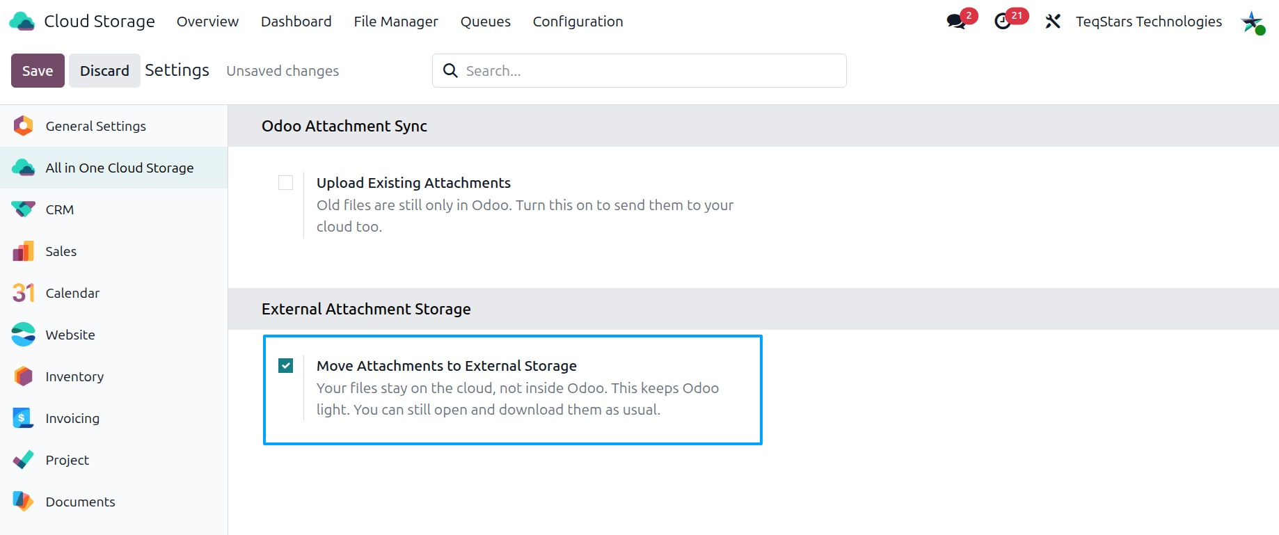Settings page with Move Attachments to External Storage ticked