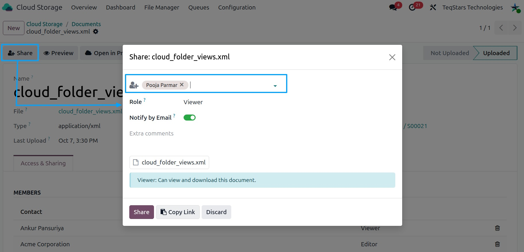the share wizard with People with access, Recipients and Role