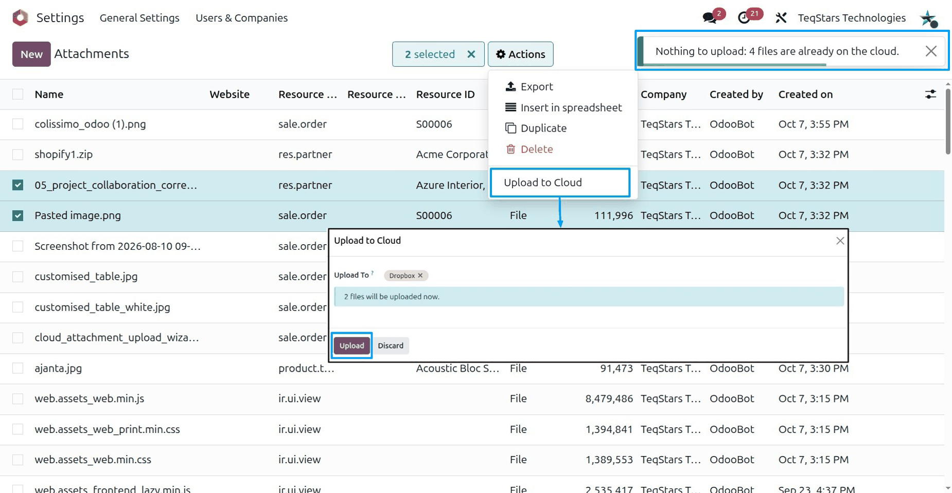 the Upload Existing Attachments wizard with Upload To, Eligible Files, Already on the Cloud, Files to Upload and Summary