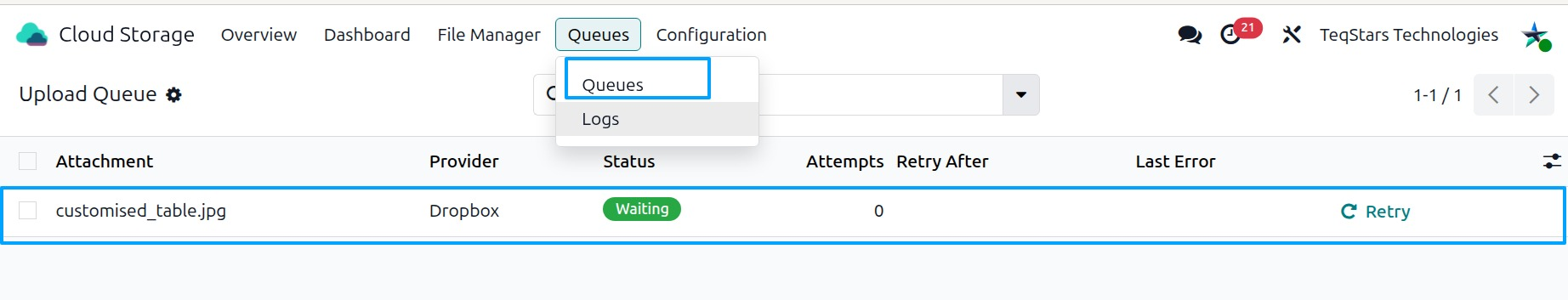 the upload queue list with Attachment, Provider, Status, Attempts, Retry After, Last Error and Queued On columns