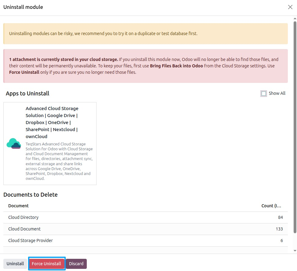 Uninstall dialog with Attachments Stored Outside Odoo and the Force Uninstall button