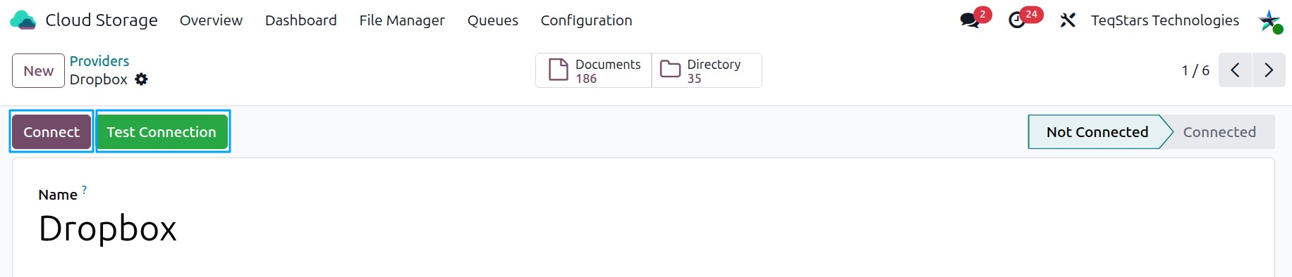Connect and Test Connection buttons with the status bar on the provider form