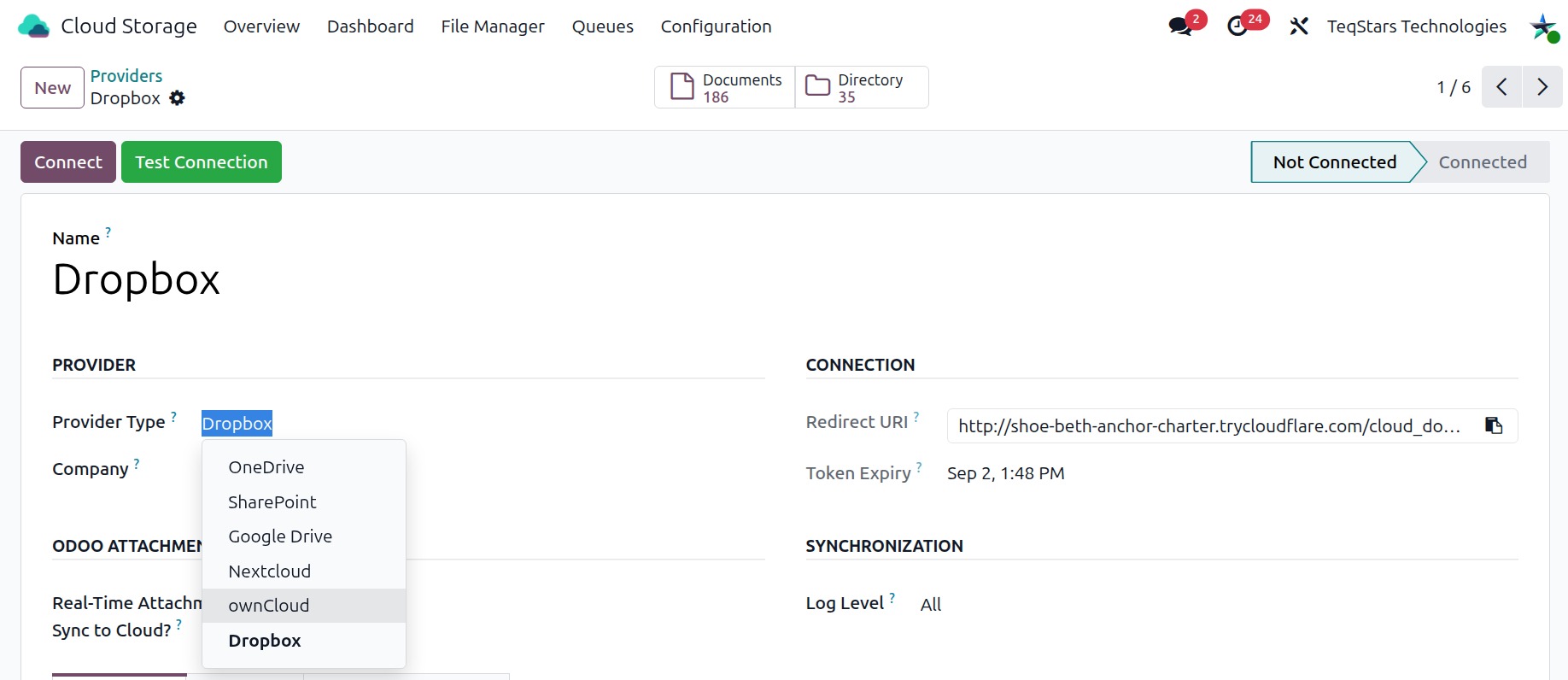 Provider form in Odoo with the Name, Provider Type, Company and Status fields