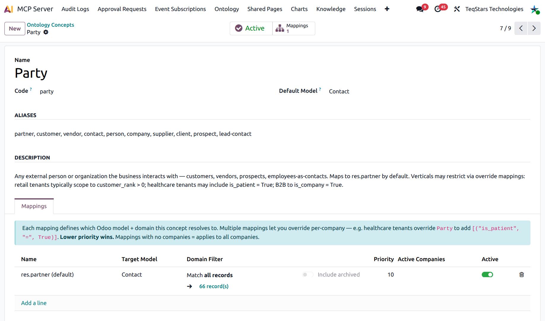 Ontology Concept form for "Party" showing the aliases (partner, customer, vendor, contact), the default model, and the embedded Mappings list