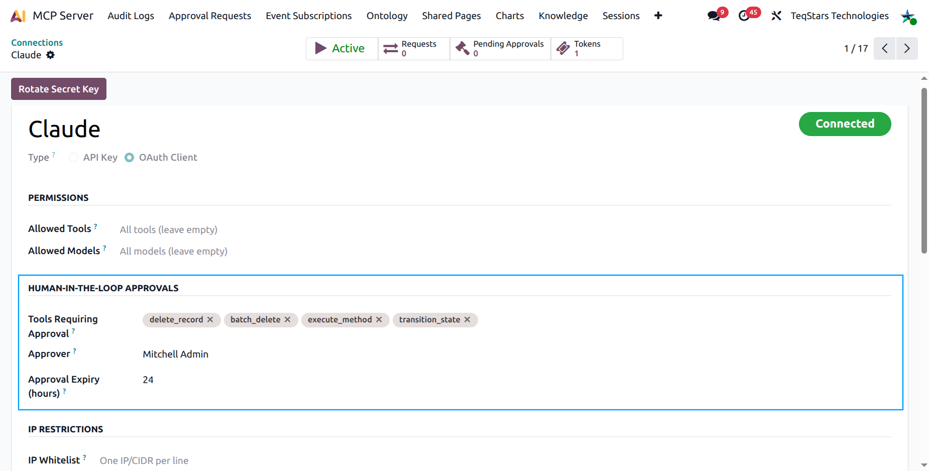 Connection form with several tools in the Tools that need approval field and an Approver user selected