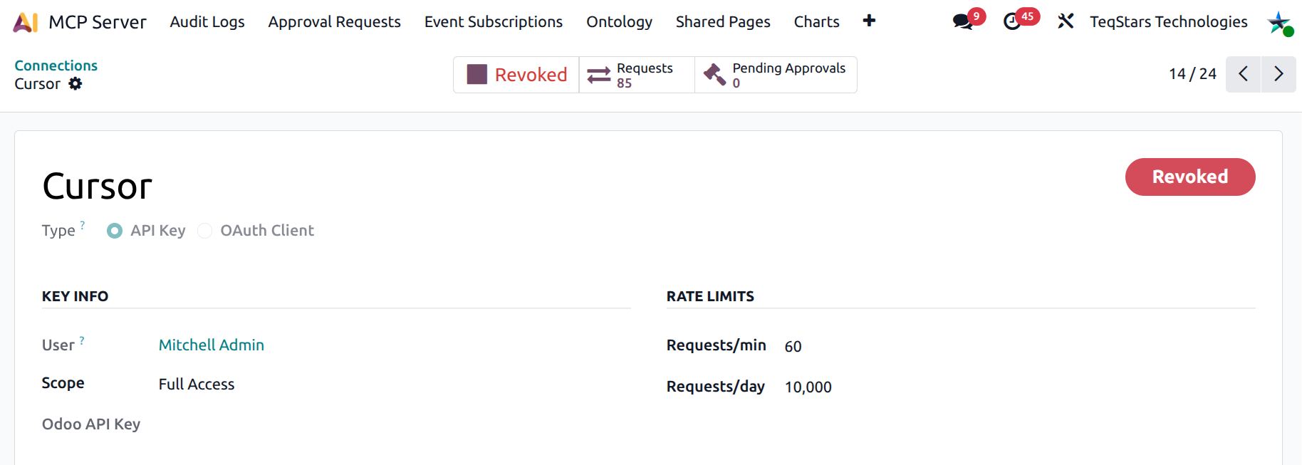 Connection form smart button row with the red "Revoked" state showing for a Bearer connection