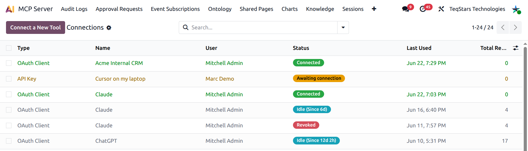 Connections list view with several rows in different statuses and the Connect a New Tool button visible