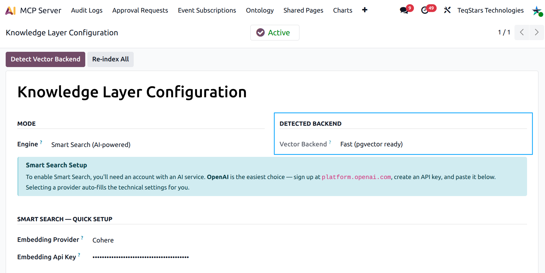 Knowledge Layer Configuration showing the "Detected backend" group with Vector Backend = "Fast (pgvector ready)"
