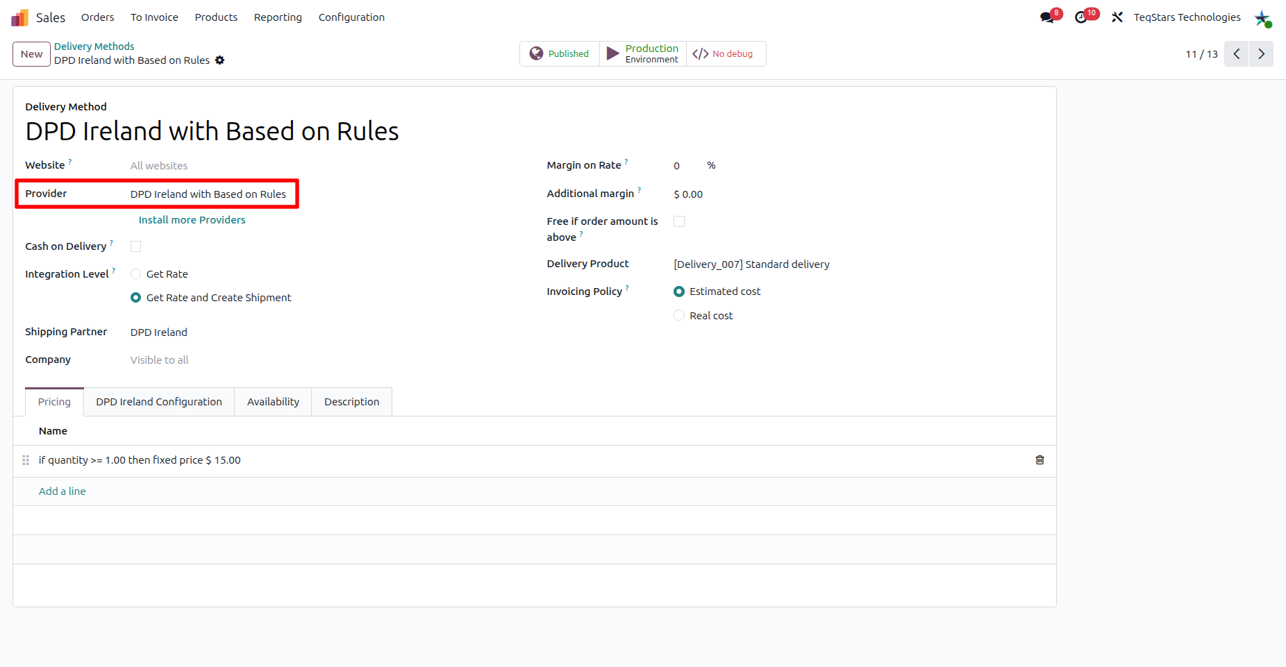 Configuring the DPD Ireland Delivery Method with Based on Rule.