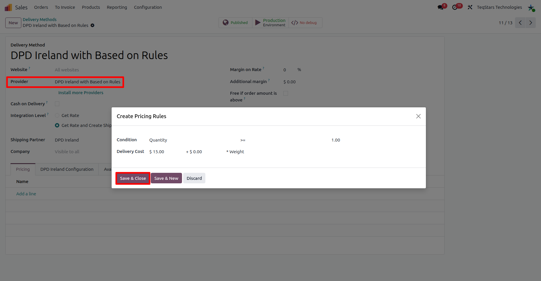 Configuring Pricing Rule in the DPD Ireland Delivery Method with Based on Rule.