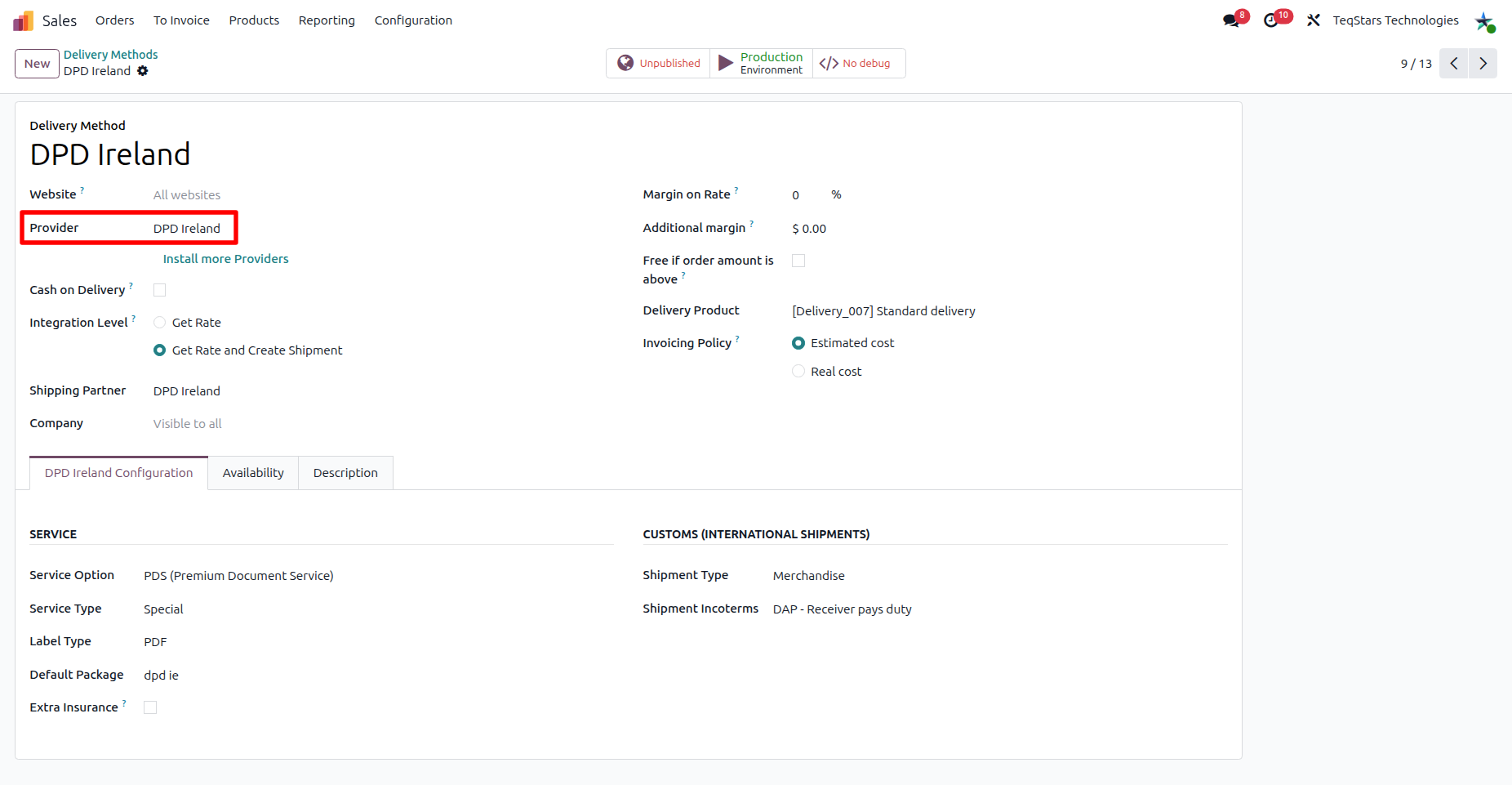 Configuring the DPD Ireland Delivery Method.