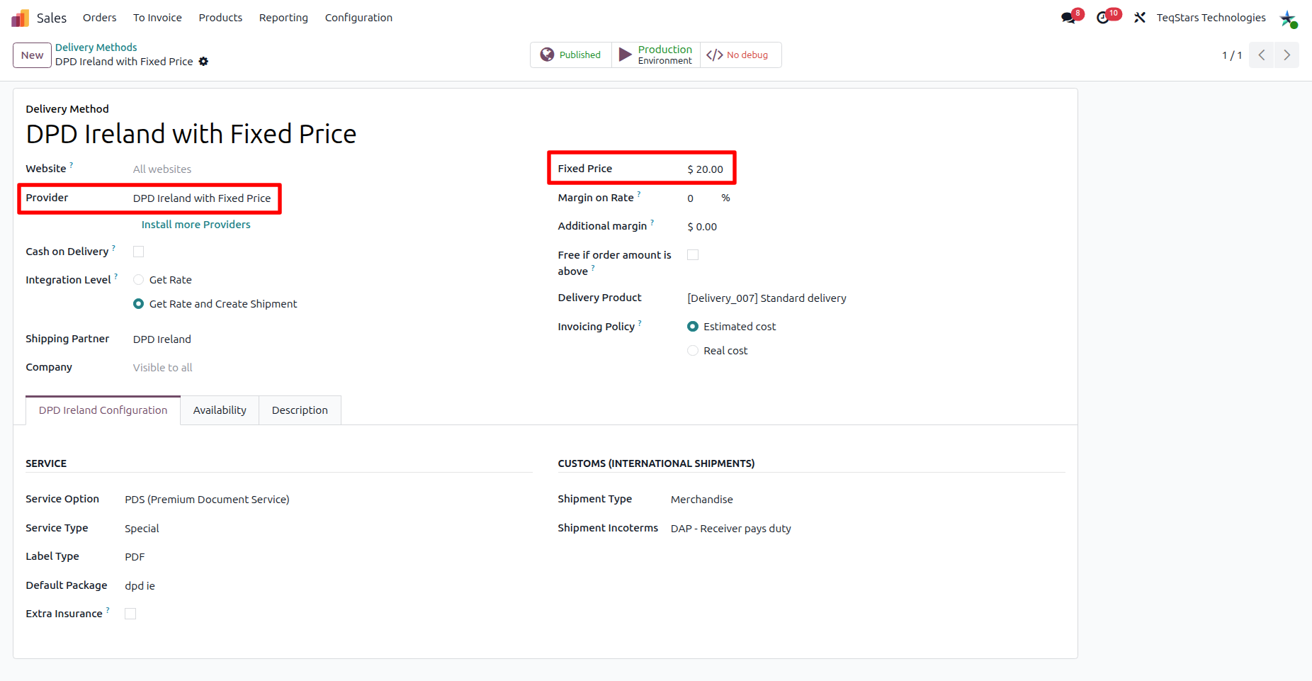 Configuring the DPD Ireland Delivery Method with Fixed Price.