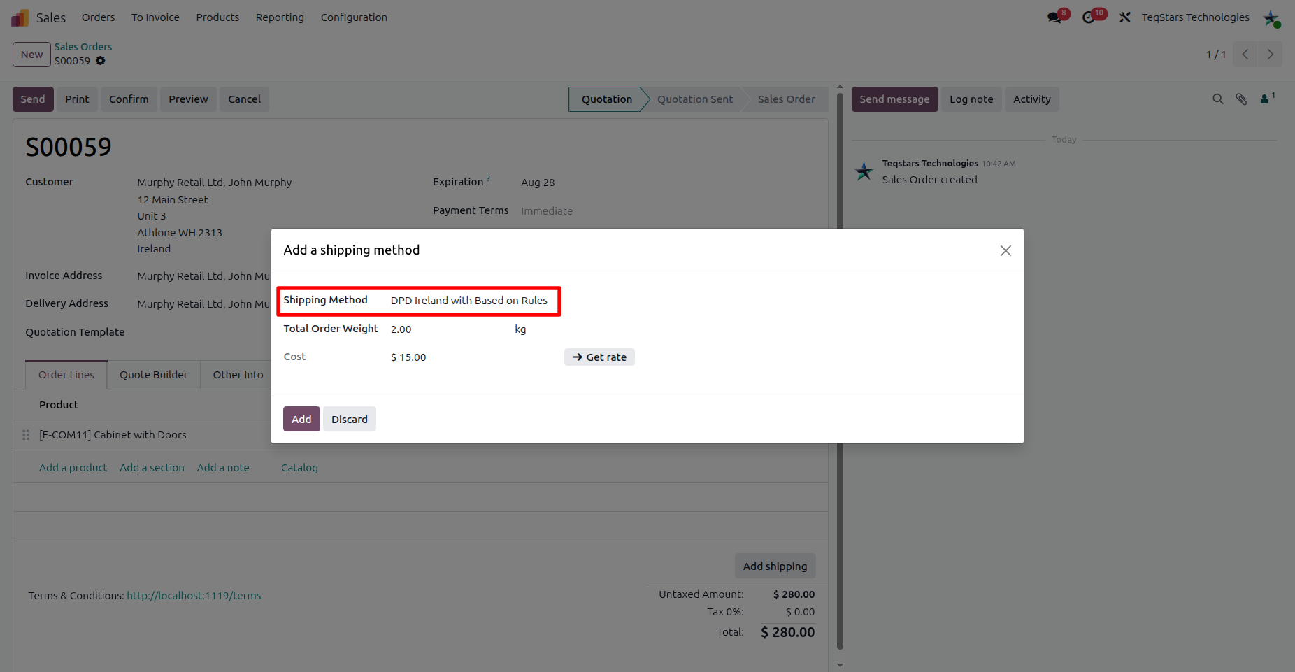 Get rate by selecting DPD Ireland Based on Rule Delivery Method on Sale Order.