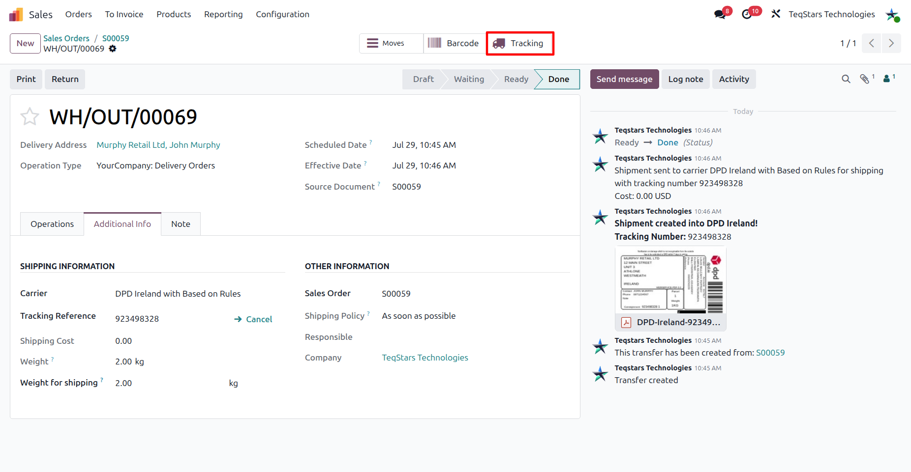 Track the shipment from the delivery order.