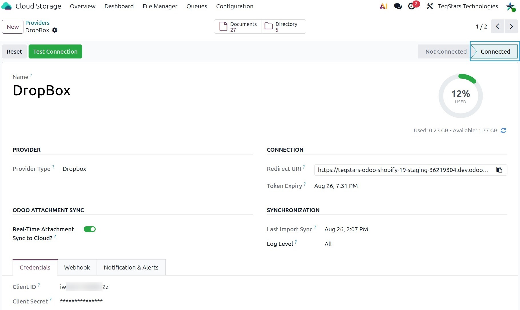 Connected Dropbox provider in Odoo showing the storage gauge and Token Expiry