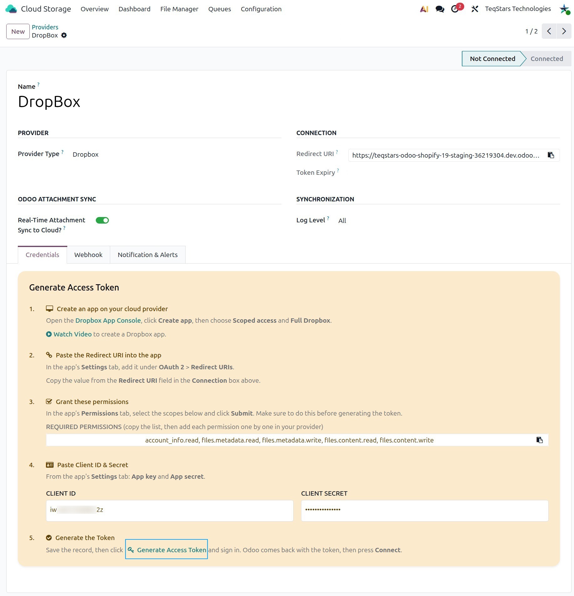 Generate Access Token on the Credentials tab of the Dropbox provider