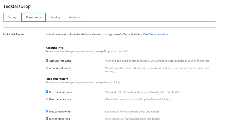 Scopes selected on the Permissions tab of the Dropbox App Console
