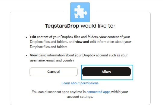 Dropbox permission request with the Allow button