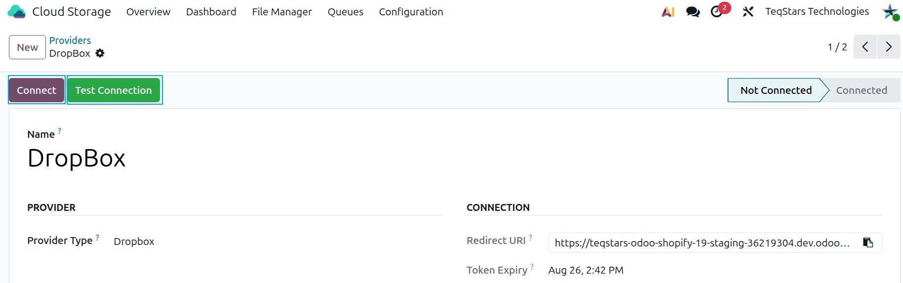 Connect and Test Connection buttons on the Dropbox provider form