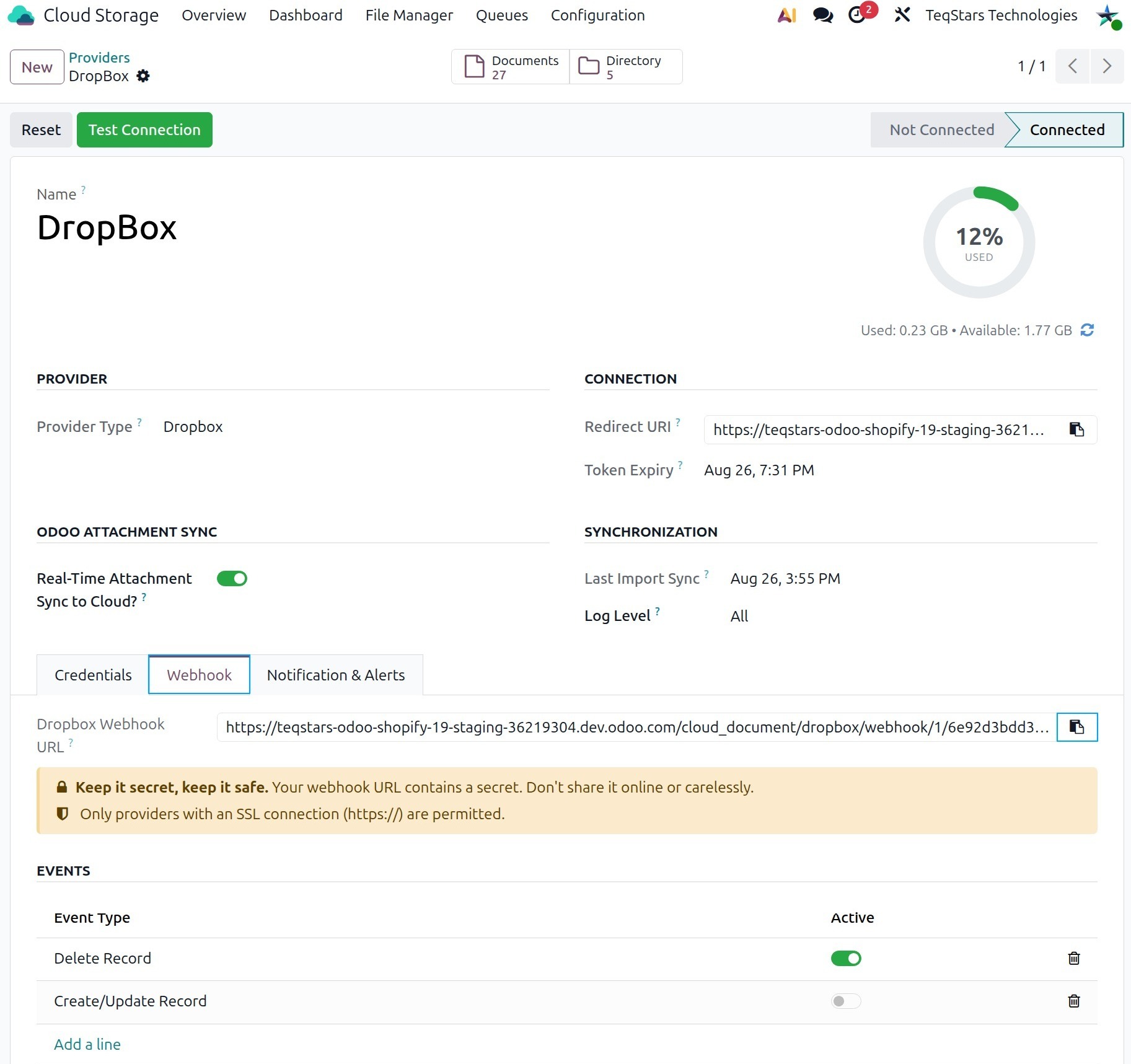 Dropbox Webhook URL and events on the provider form