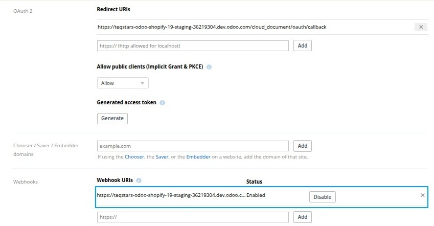 Webhook URI added and enabled in the Dropbox App Console