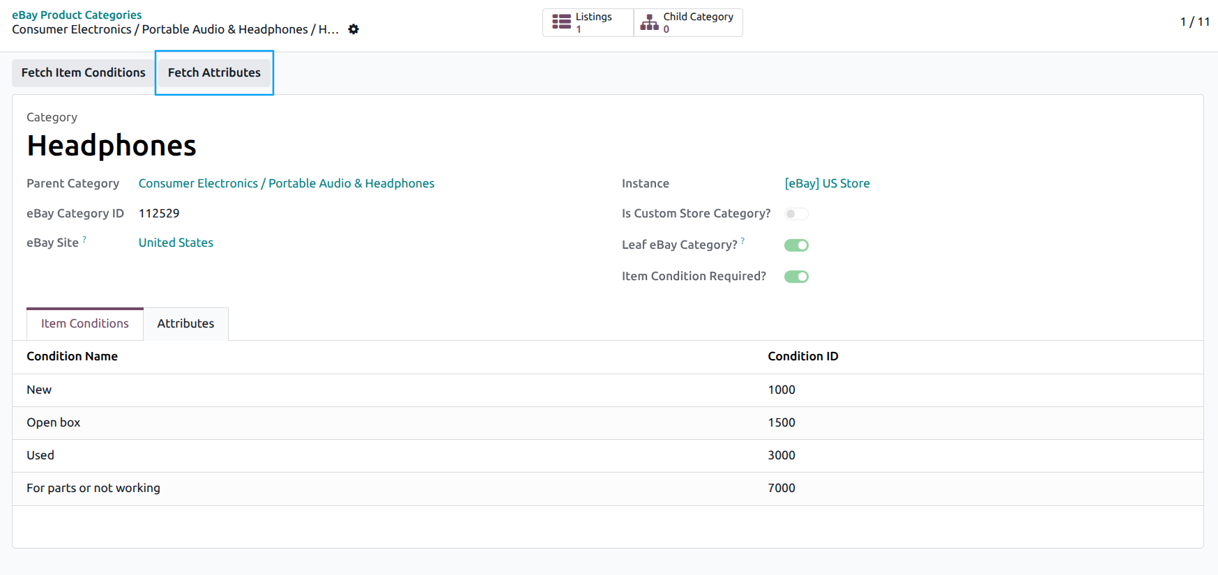 eBay category form with Fetch Attributes button