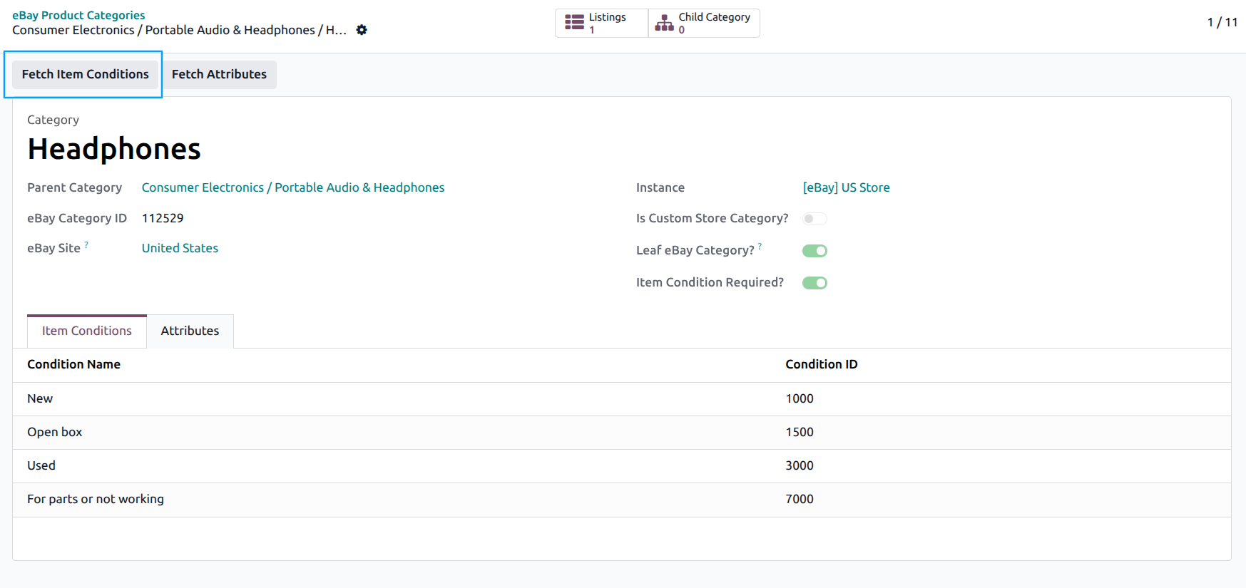 eBay category form with Fetch Item Conditions button