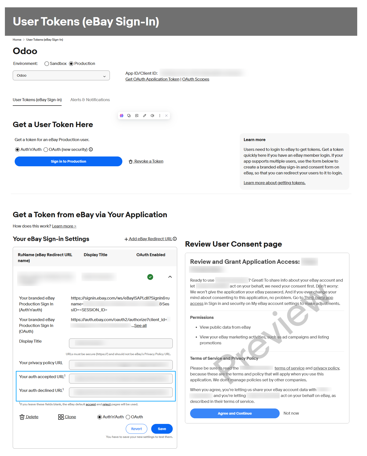 eBay Developer Portal User Tokens section with redirect URL fields