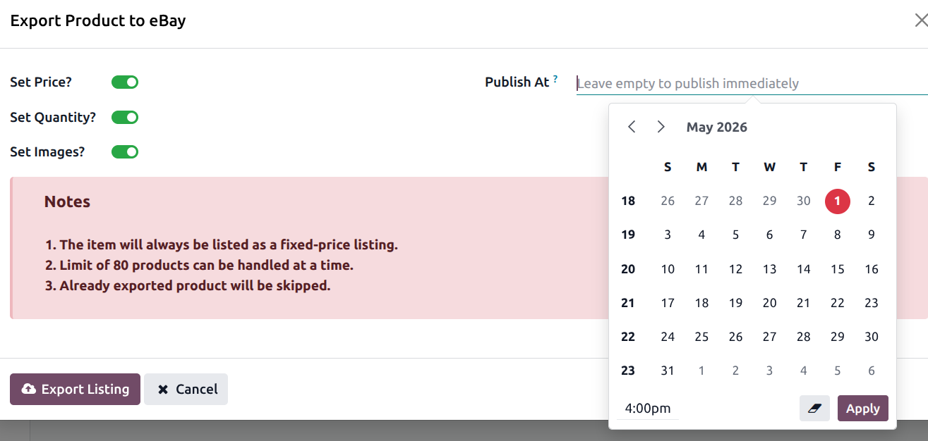 Export Listing Option Popup