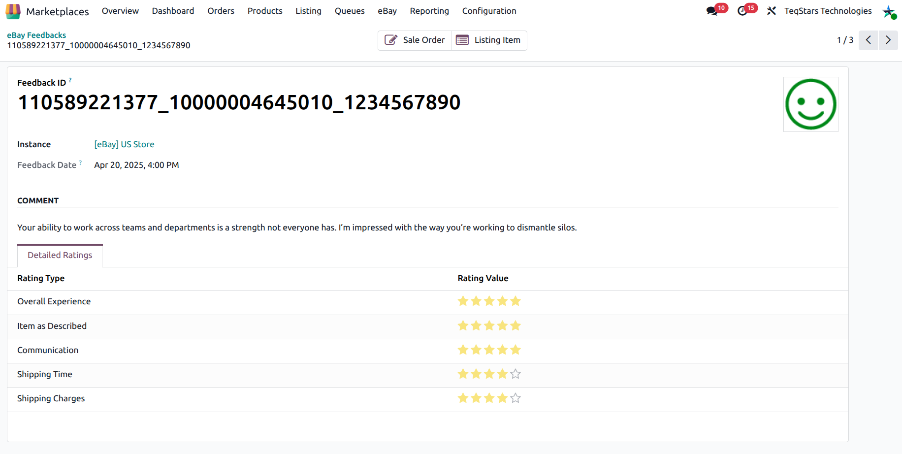 eBay feedback form view with detailed ratings