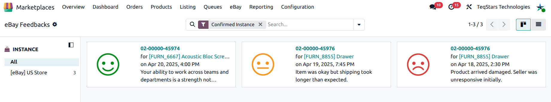 eBay feedback kanban view showing rating images, comments, and order links