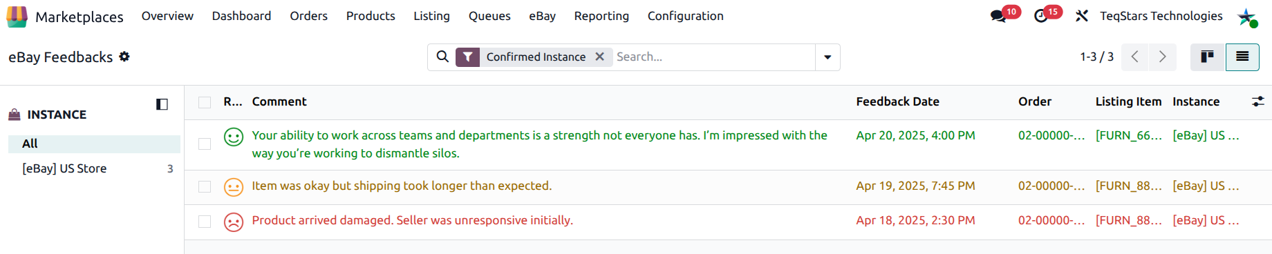 eBay feedback list view with color-coded rows