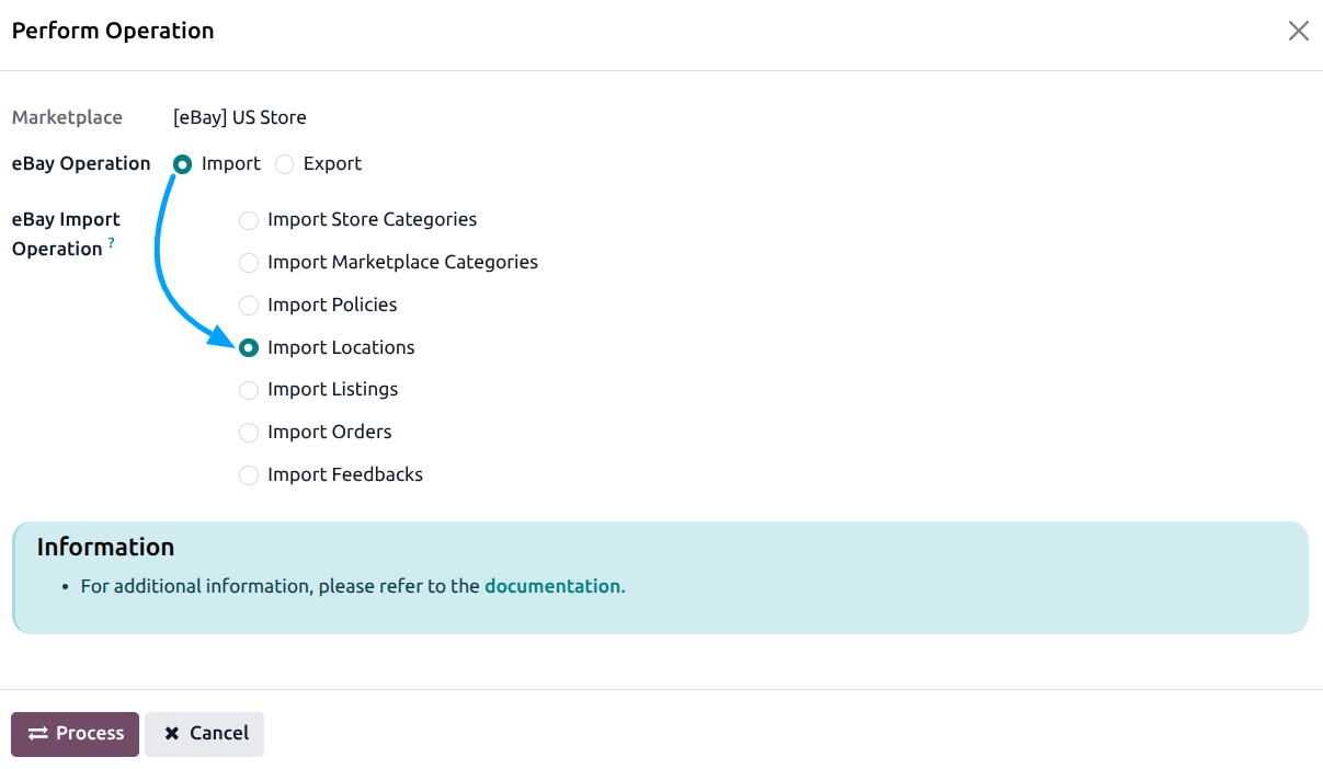 eBay import locations operation screen