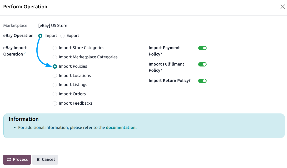 eBay import policies operation screen