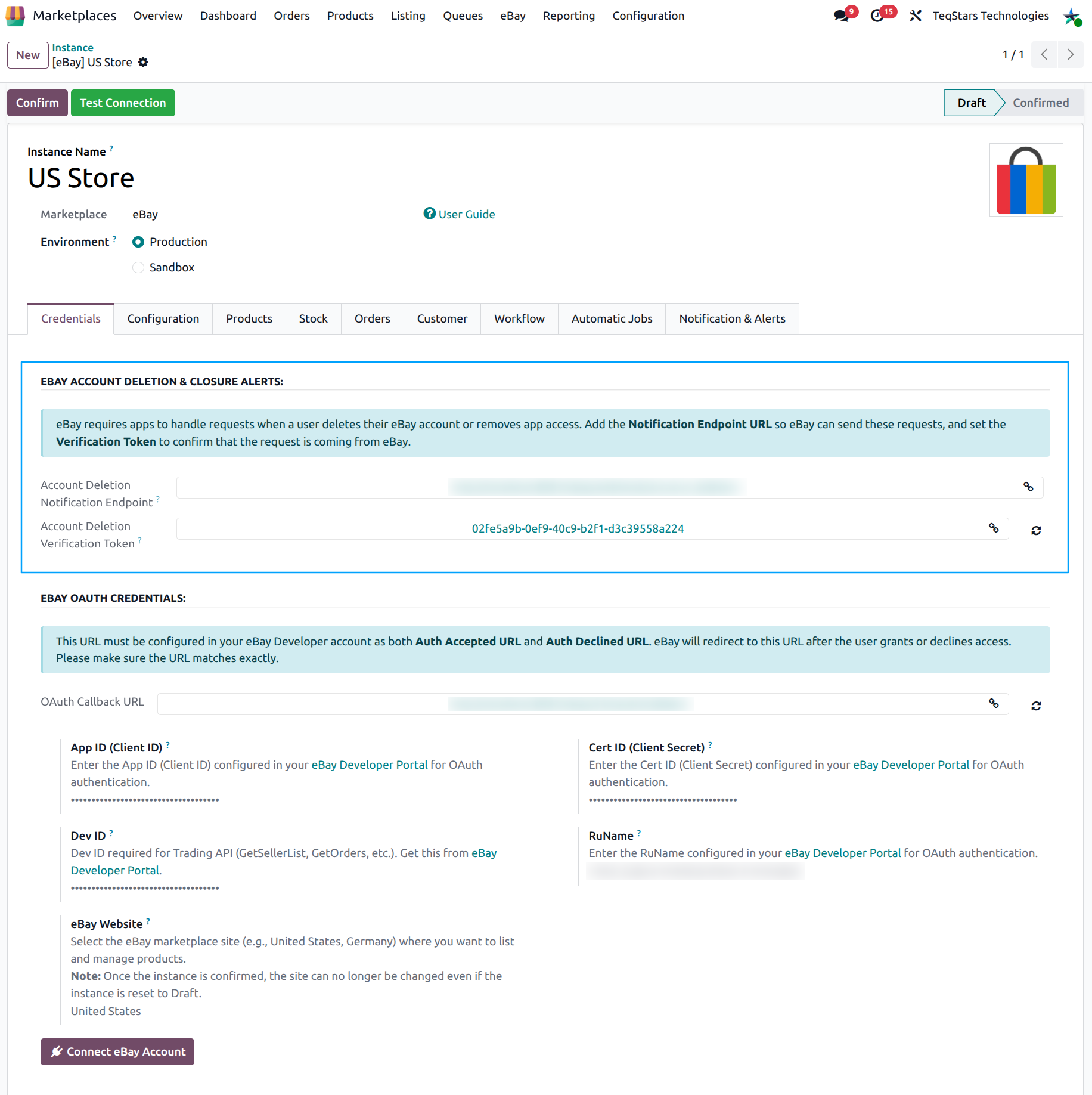 eBay instance Account Deletion Endpoint and Verification Token fields