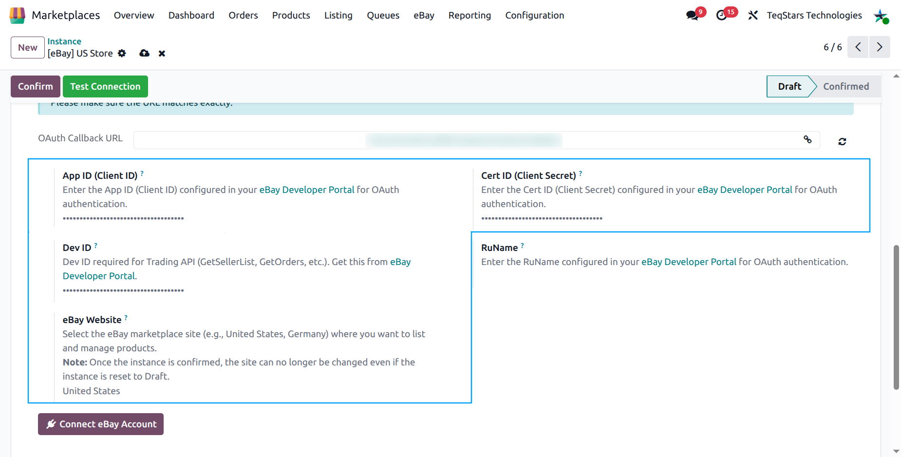 eBay instance credentials tab with App ID, Cert ID and Dev ID fields