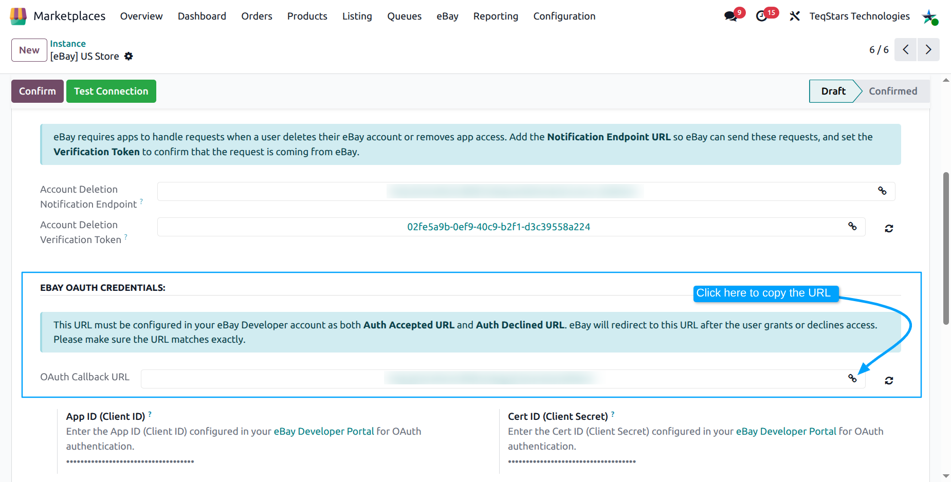 instance OAuth Callback URL field with copy button