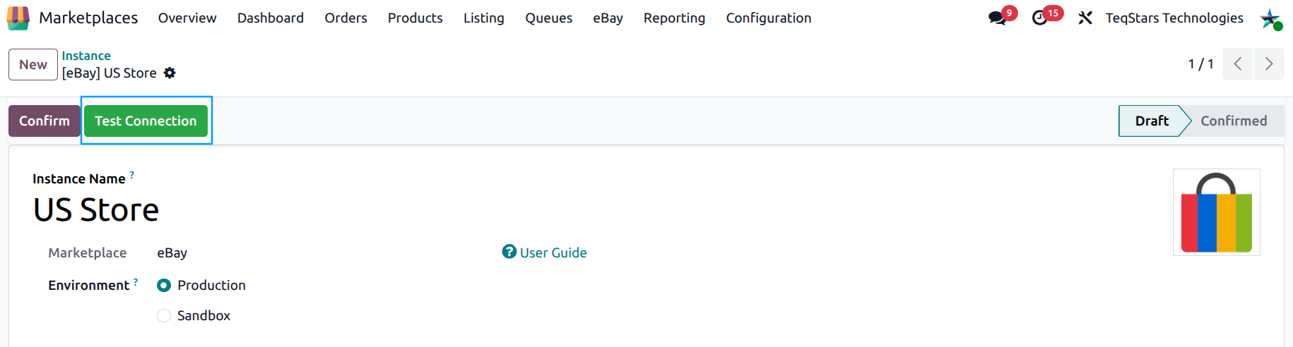eBay instance with Test Connection button